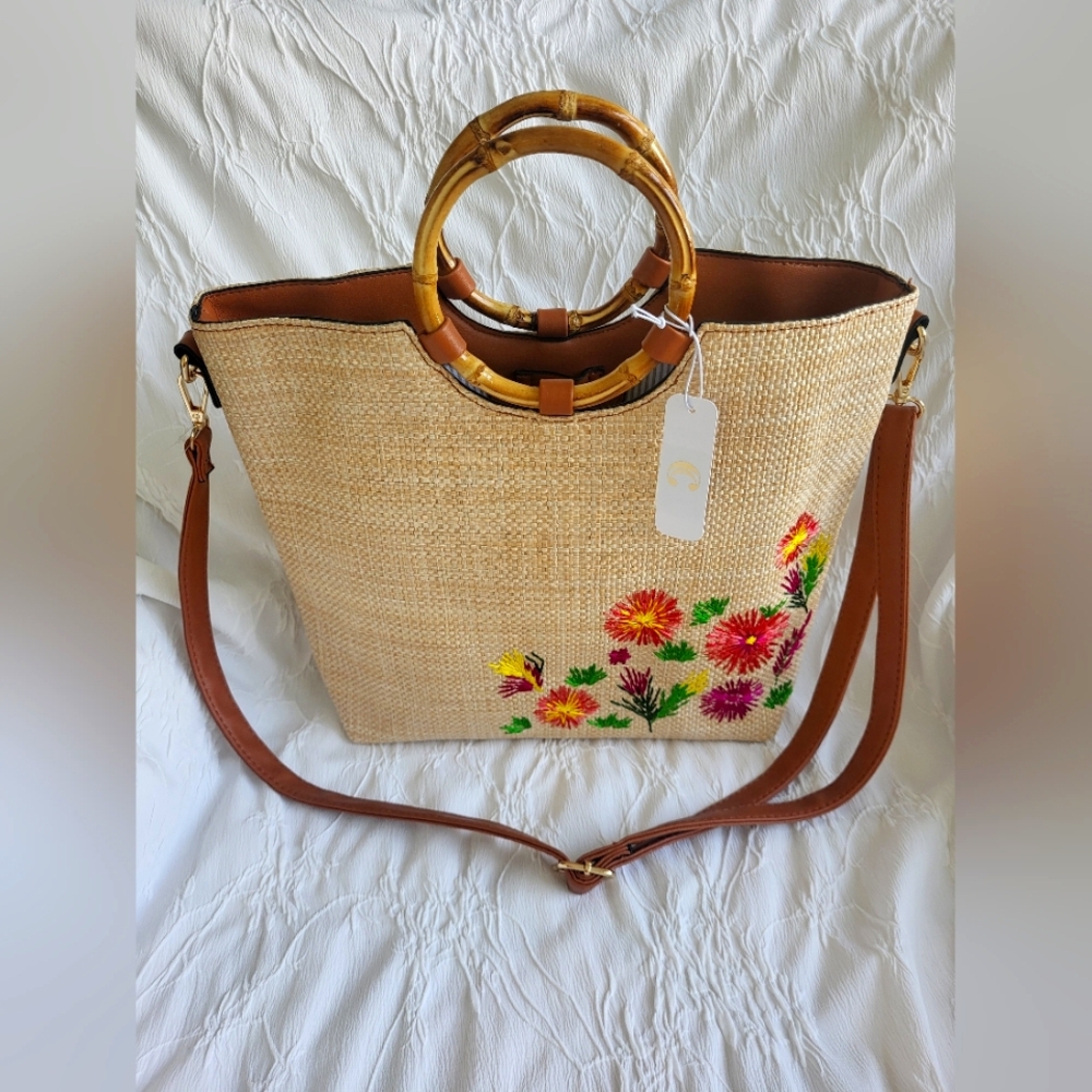 Floral Embroidered Straw Tote with Bamboo Handles